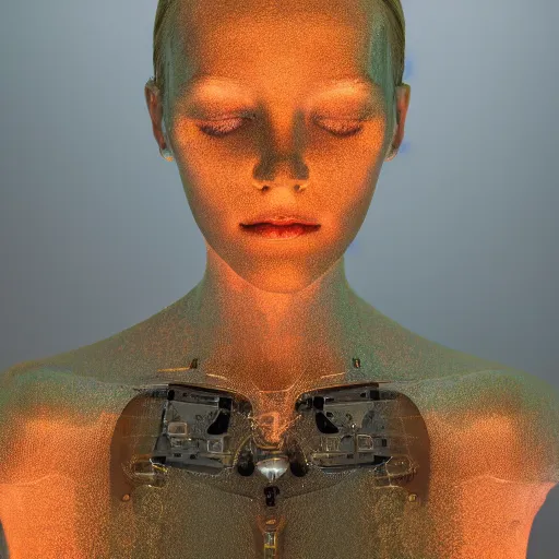 Image similar to beautiful Fine art photography of a solarpunk half robot half human girl with real human face, rectilinear lights over body, highly detailed, photorealism, studio lighting 8k