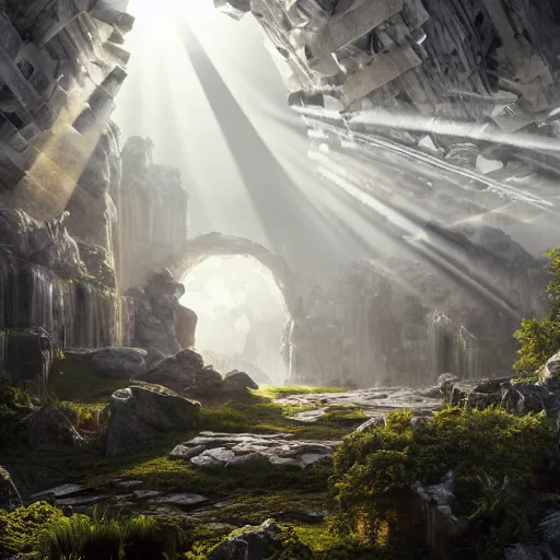 Image similar to tectonic organic mystical megastructure crystal architectures, by albert bierstadt, by glen small, by giovanni battista piranesi, photorealistic, god rays, octane render, depth of field, volumetric light, volumetric fog, holy spirit