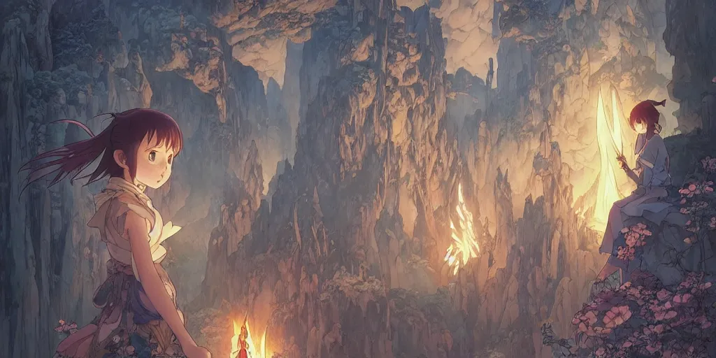 Image similar to the girl and the magic dragons cave. anime visual. torches, dark. by hayao miyazaki and rossdraws and artgerm and chie yoshii and detmold and greg rutkowski and alphonse mucha. anime production by studio ghibli. high quality, stunning, intricate detailed environment. 8 k