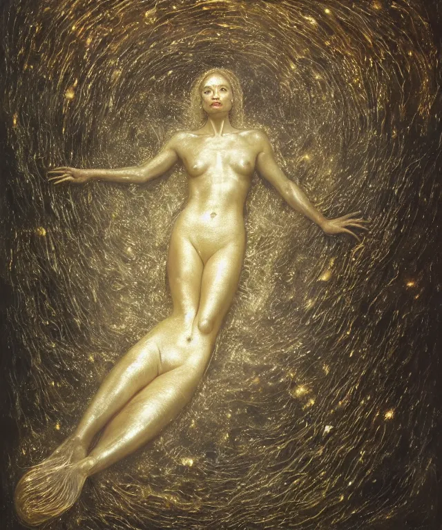 Image similar to Beautiful full-body wax sculpture of a glowing clothed transparent mermaid in a glowing dress with visible gold bones covered with melted white wax inside the singularity where stars becoming baroque folds of dark matter by Michelangelo da Caravaggio, Nicola Samori, William Blake, Alex Grey and Beksinski, dramatic volumetric lighting, highly detailed oil painting, 8k, masterpiece