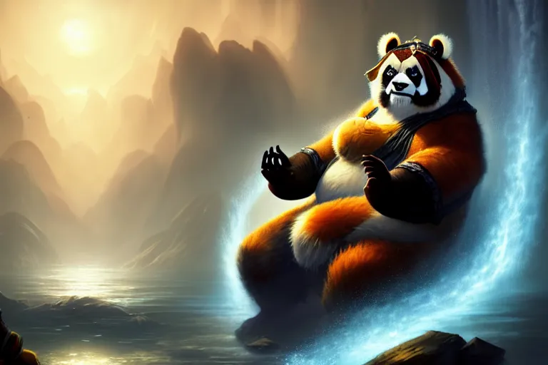 Image similar to [ important ] amazing portrait of a pandaren meditating [ / important ], hearthstone splash art, deiv calviz, splash art, natural light, elegant, intricate, fantasy, atmospheric lighting, by greg rutkowski, hearthstone splash art, hd wallpaper, ultra high details, cinematic composition