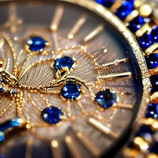 Image similar to close up of a sapphire and gold wrist watch, intricate, complex, high detail