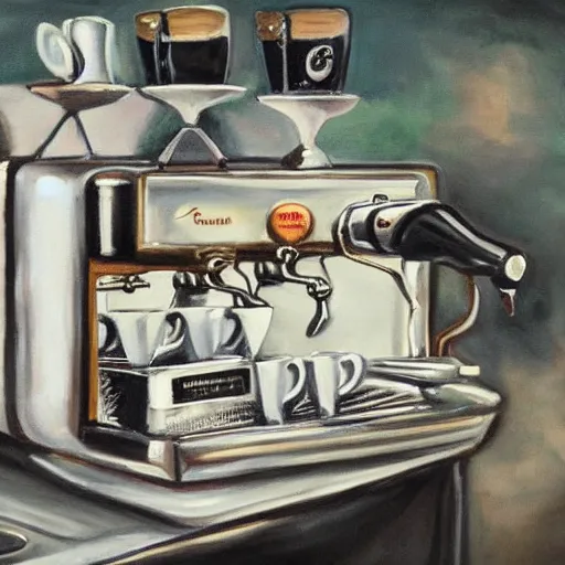 Prompt: a painting of demon espresso machine that makes coffee from human souls