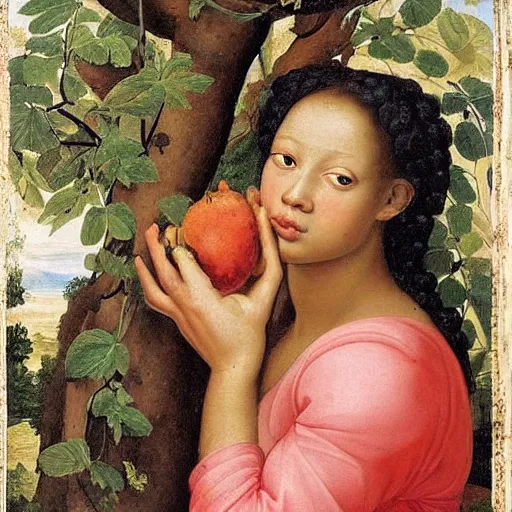 Prompt: beautiful multiracial woman eating an quince from a tree in the garden of eden, realistic renaissance master genius painting