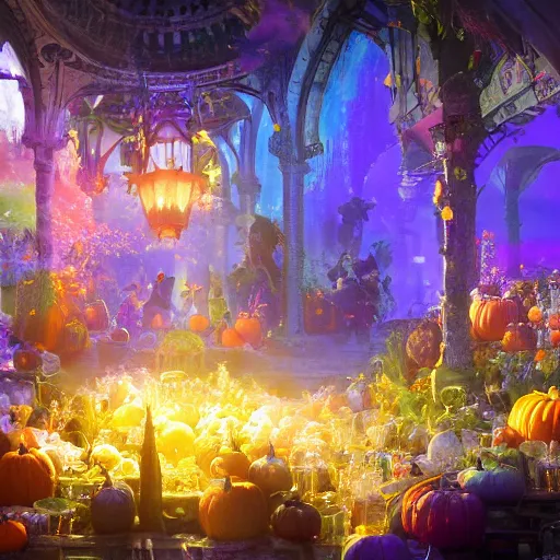 Image similar to colorful potions at the halloween harvest festival, volumetric lighting, 8 k octane beautifully detailed render, post - processing, extremely hyper - detailed, intricate, epic composition, cinematic lighting, masterpiece, trending on artstation, detailed detailed detailed, masterpiece, stunning art by anders zorn, wonderful masterpiece by greg rutkowski, beautiful cinematic light,