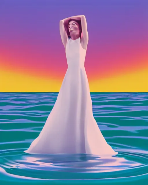 Image similar to a woman in a white dress standing in the water, an album cover by stanley twardowicz, trending on cg society, retrofuturism, retrowave, chillwave, synthwave