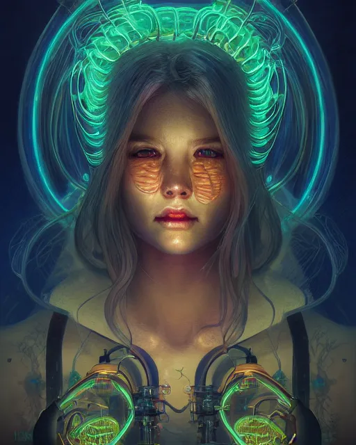 Image similar to portrait of a cute monster, male, bioluminescent, wires, horror, sweet, highly detailed, digital painting, cinematic, hyperrealism, dark retrowave, art by stanley lau and artgerm and magali villeneuve and alphonse mucha, artstation, octane render, cgsociety