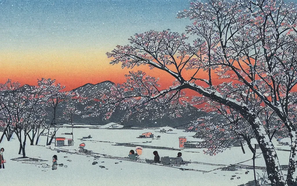 Prompt: 🌅 🌨 ❄🌼. shin - hanga.