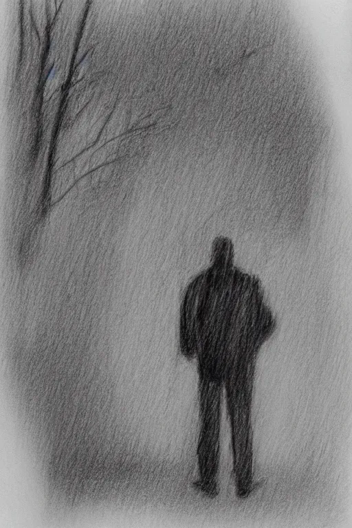 Image similar to a man in a jacket with his back to the camera standing in the rain. pencil sketch.