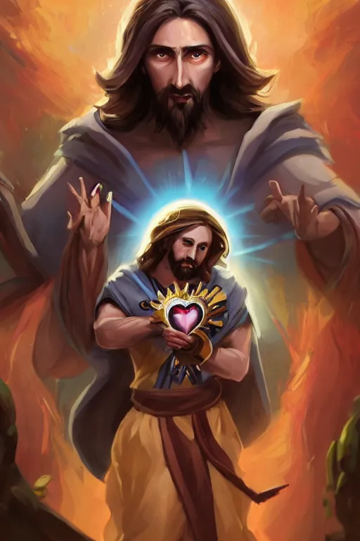 Image similar to A card of Jesus Christ as a DOTA 2 character holding a Sacred Heart armor, card game, card, trade card game, Artifact Dota2, by Stanley Artgerm Lau, WLOP, Rossdraws, James Jean, Andrei Riabovitchev, Marc Simonetti, Yoshitaka Amano, ArtStation, CGSociety,