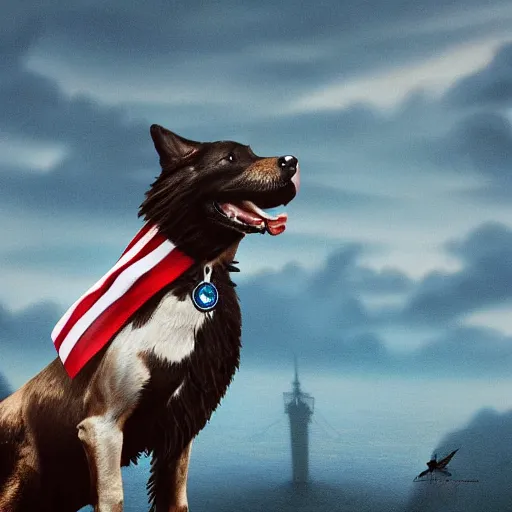 Image similar to a photo of a dog on top of a bald eagle,trident, photorealistic, highly detailed, patriotic, trending on artstation