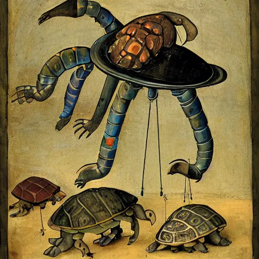 Prompt: robotic turtle, Hieronymus Bosch art style