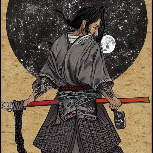 Image similar to A PORTRAIT FROM BEHIND OF A SAMURAI MAN VAGABOND WITH A MOON BEHIND HIM ,THE SAMURAI IS WRAPPED IN CHAINS ,detailed, concept art, ink style , sketch