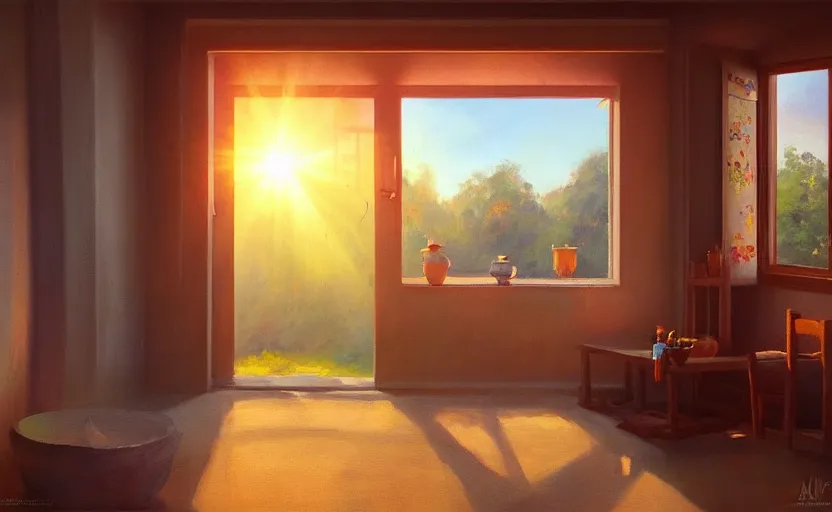 Prompt: happy morning and the rays of the morning sun shining through the window of the village house. very beautiful, clear sky, warm colors, oil painting, high detail, trending on artstation