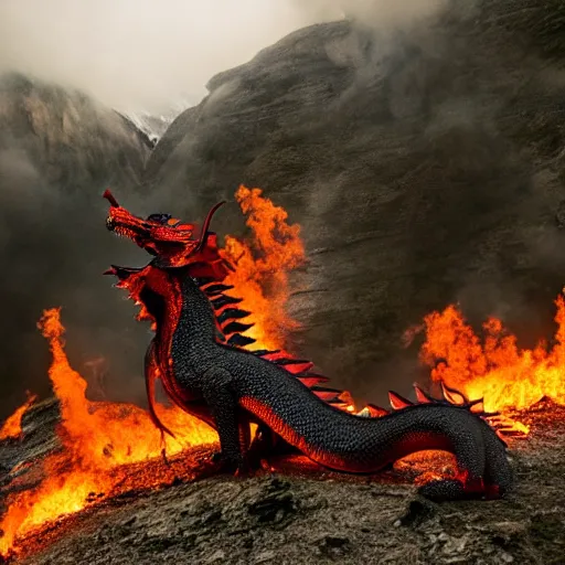 Image similar to photo of read fire breathing dragon under a mountain