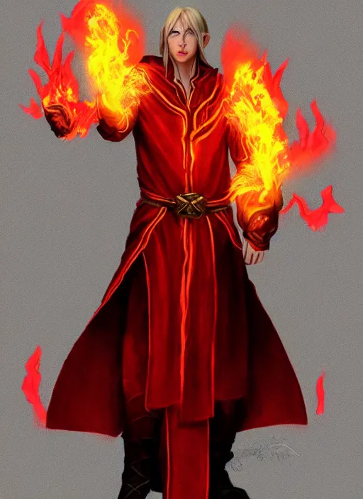 Prompt: Half-body portrait of a scarred elven fire mage in red and gold robe with flaming hands. In style of Hyung-tae Kim, concept art, trending on ArtStation, Korean MMORPG.
