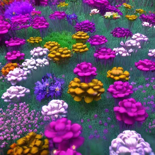 Prompt: multiverse of garden flowers, Moebius color palette, Photorealistic Octane render
