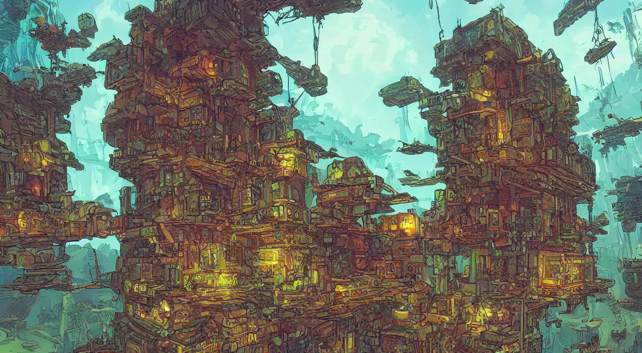 Image similar to open door wood wall fortress airship greeble block amazon jungle on portal unknow world ambiant fornite colorful that looks like it is from borderlands and by feng zhu and loish and laurie greasley, victo ngai, andreas rocha, john harris