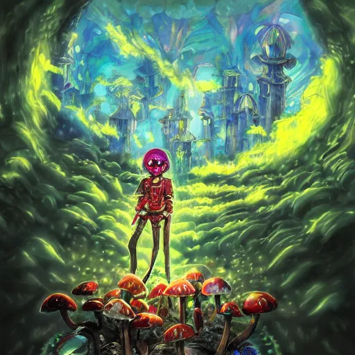 Image similar to anime 4 k headshot portrait of a psychedelic demonic anthropomorphic insect knight with mushroom themed clothes, magic mushroom village in background by jeff easley, award winning, stylized neon, post - processing, masterpiece, superb resolution. in the art style of junji ito and greg rutkowski. detailed mushroom city in background. hyper realistic anime. perfect art. dalle 2