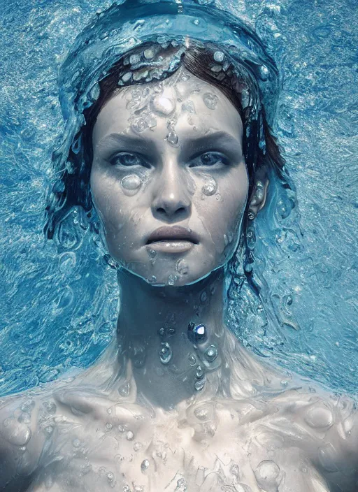 Image similar to sculpture made of water, portrait, future, shaman, harper's bazaar, vogue, magazine, underwater, blue, concept art, ornate, luxury, elite, elegant, trending on artstation, by ruan jia, by Kenneth Willardt, by ross tran, by WLOP, by Andrei Riabovitchev,