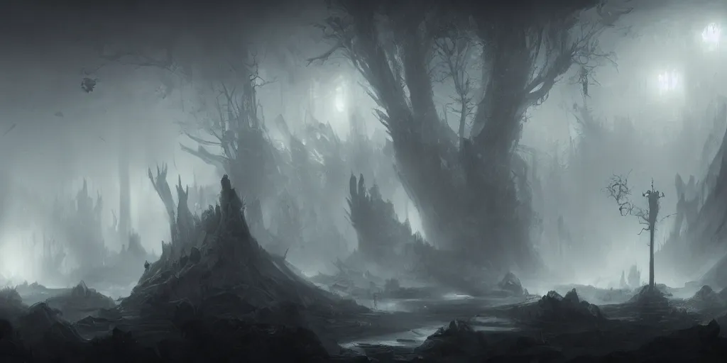 Image similar to fantasy depiction of the realm of shadows shrouded by mist trails, low saturation, high contrast, mostly greyscale, in the style of marcin rubinkowski, greg rutkowski, lorenzo lanfranconi, oleg zherebin, trending on artstation