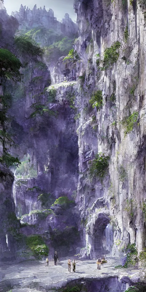 Image similar to Gorge in the mountain, white stone temple ruins, night dramatic lighting, blue and purple tones, wide camera angle, matte painting, trending on ArtStation, concept art, delightful surroundings, high detail