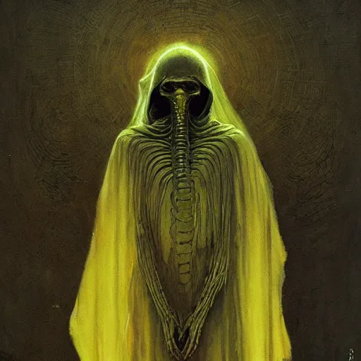 Prompt: Hastur the King in Yellow mummified monarch by Greg Rutkowski and Zdzisław Beksiński, high quality painting