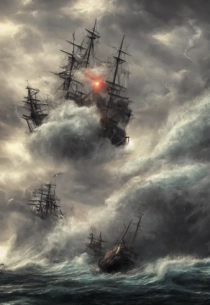 Image similar to intense ship persecution, ship being persecuted by a police ship over raging turbulent waters, hyper realistic, highly detailed, digital art, apocalyptic, intimidating lighting, raytracing, sharp focus, smooth, romanticism