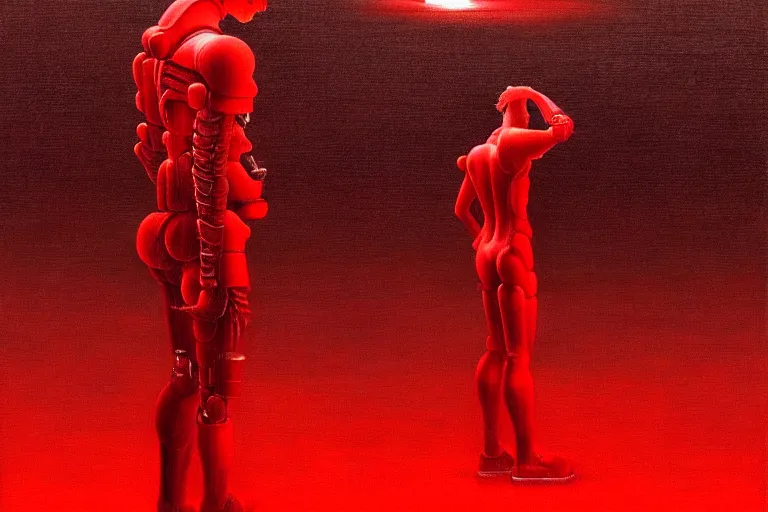 Image similar to only with red, a red cyborg samurai, tokio futuristic in background, some evil yokai, in the style of beksinski, parts by edward hopper, parts by rodcenko, parts by yue minjun, intricate and epic composition, red by caravaggio, insanely quality, highly detailed, masterpiece, red light, artstation, 4 k