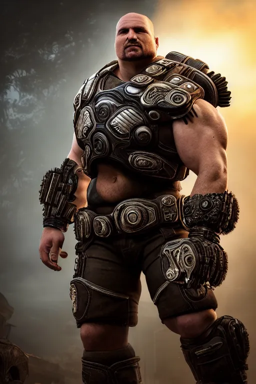 Image similar to JordanPetterson as a muscular Gears of War character, photorealism, half body, HDR ambient background, unreal engine 5, hyperrealistic, highly detailed, XF IQ4, 150MP, 50mm, F1.4, ISO 200, 1/160s, cinematic lights, Adobe Lightroom, photolab, Affinity Photo, PhotoDirector 365, realistic