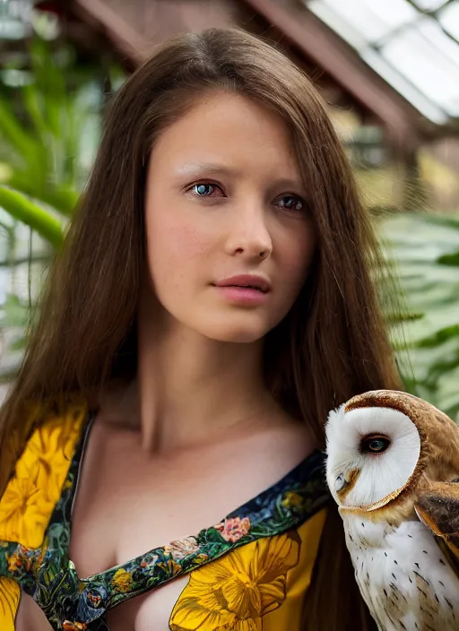 Image similar to portrait photograph of beautiful young female model, symmetric face, symmetric eyes, slight smile, natural light, wearing a yellow kimono with a very detailed barn owl on her shoulder!!! in a tropical greenhouse. looking at the camera!!. super resolution. Extremely detailed. Graflex camera, bokeh.