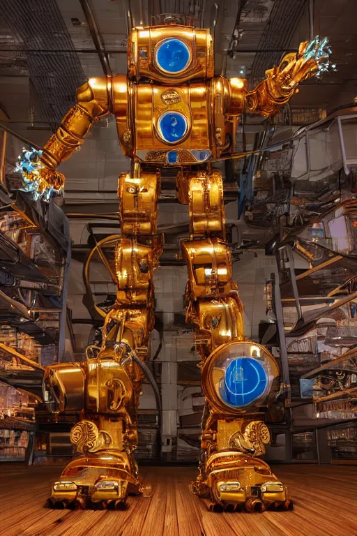 Image similar to portrait photo of a giant huge golden and blue metal humanoid steampunk robot cleaner robot, with gears and tubes, on the floor are mop and bucket, eyes are glowing red lightbulbs, shiny crisp finish, 3 d render, 8 k, insaneley detailed, fluorescent colors, background is multicolored lasershow