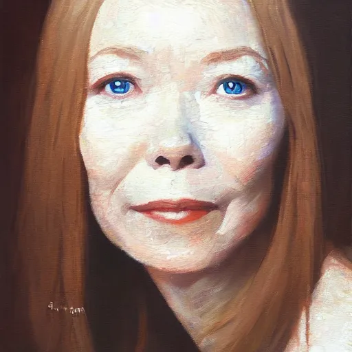 Image similar to stunning serene portrait of Sissy Spacek by Mark Arian, 0ne inch thick impasto oil on canvas, masterpiece, realism, piercing gaze, autumn bokeh