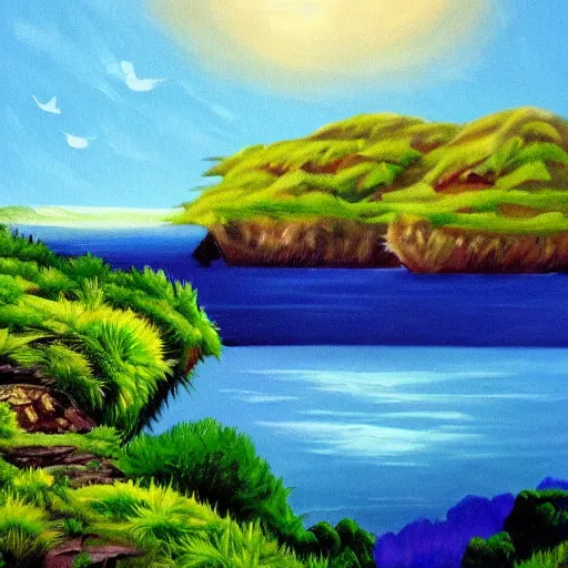 Image similar to painting of a lush natural scene on an alien planet by emma webster. beautiful landscape. weird vegetation. cliffs and water.