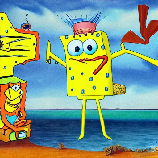 Image similar to surrealist painting of spongebob and patrick, in the style of salvador dali