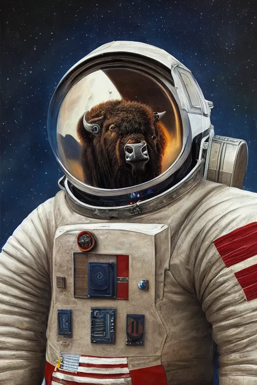 Image similar to bison astronaut, oil on canvas, intricate, portrait, 8 k highly professionally detailed, hdr, cgsociety