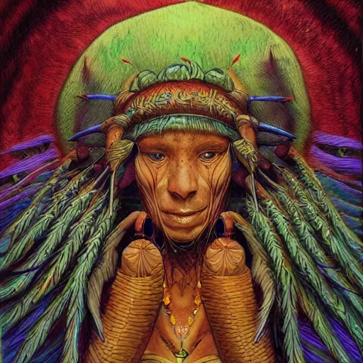 Image similar to fantasy art, highly detailed, beautiful, surreal, ayahuasca shaman, by moebius