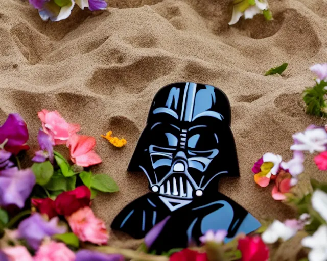 Image similar to 8 5 mm food photography of darth vader playing with toys near a garden with sand with dof and bokeh and flowers o