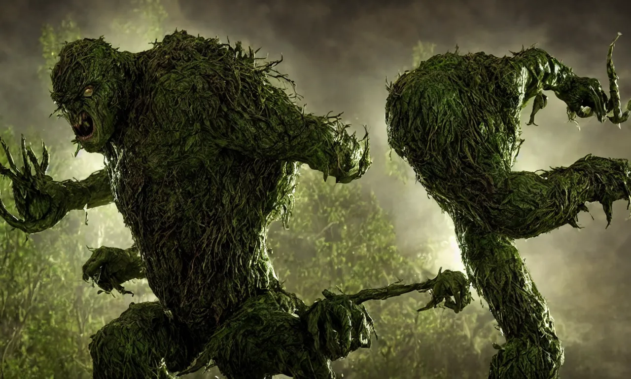 Image similar to swamp thing in a dynamic action pose, forward angle, dramatic night lighting, by kelly jones and kyle hotz, 4 k, 8 mm, octane