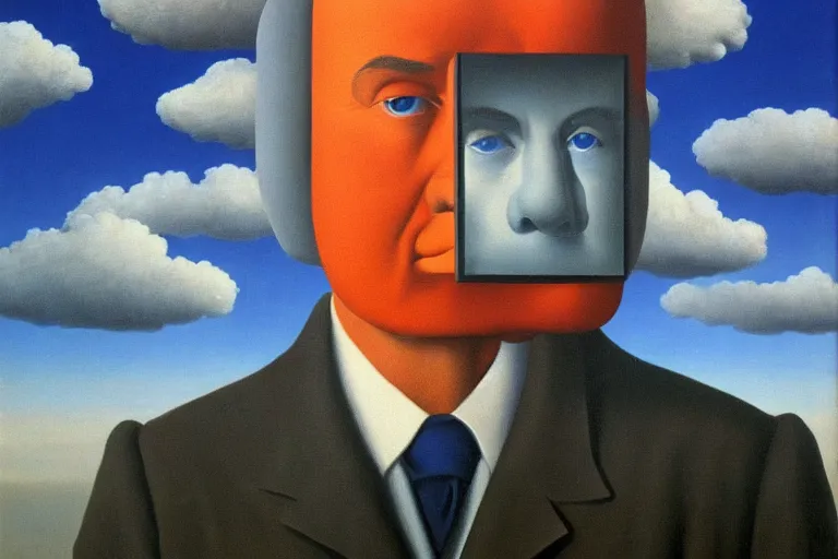 Prompt: portrait of cloud man by rene magritte, detailed painting, hd, hq, high resolution, high detail, 4 k, 8 k