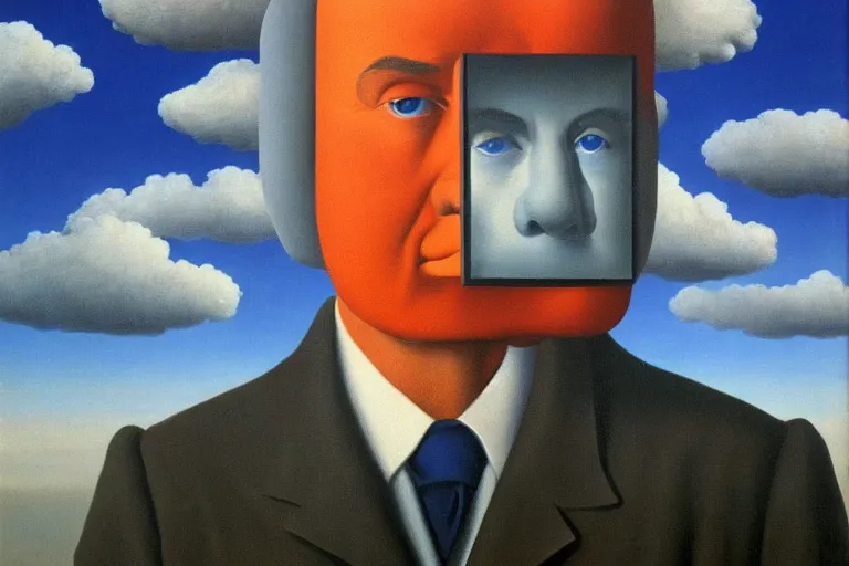 Image similar to portrait of cloud man by rene magritte, detailed painting, hd, hq, high resolution, high detail, 4 k, 8 k