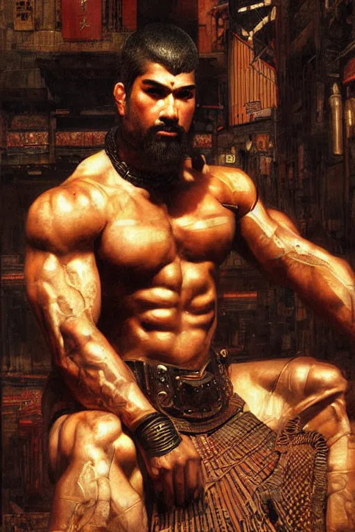 Prompt: cyberpunk ancient japanese city, orientalist intricate portrait of a muscular man by john william waterhouse and edwin longsden long and theodore ralli and nasreddine dinet, hyper realism, dramatic lighting