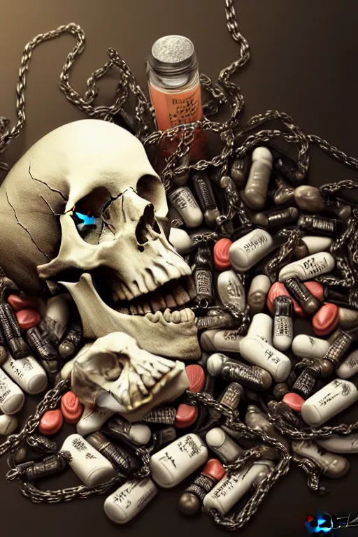 Image similar to beautifull and very tired womanlooking pile Off pills, drugs, cigarrette boxes and a skull on a wooden table, skull made out of smoke coming out of pills, fantasy, intricate, elegant, highly detailed, digital painting, artstation, concept art, addiction, chains, smooth, sharp focus, illustration, art by Ilja Repin