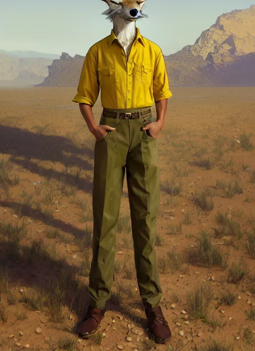 Prompt: Character portrait of a smiling furry anthro coyote wearing a yellow button-down shirt and olive green slacks in the desert wilderness, intricate, elegant, highly detailed, digital painting, artstation, concept art, smooth, sharp focus, illustration, art by Krenz Cushart and Artem Demura and alphonse mucha