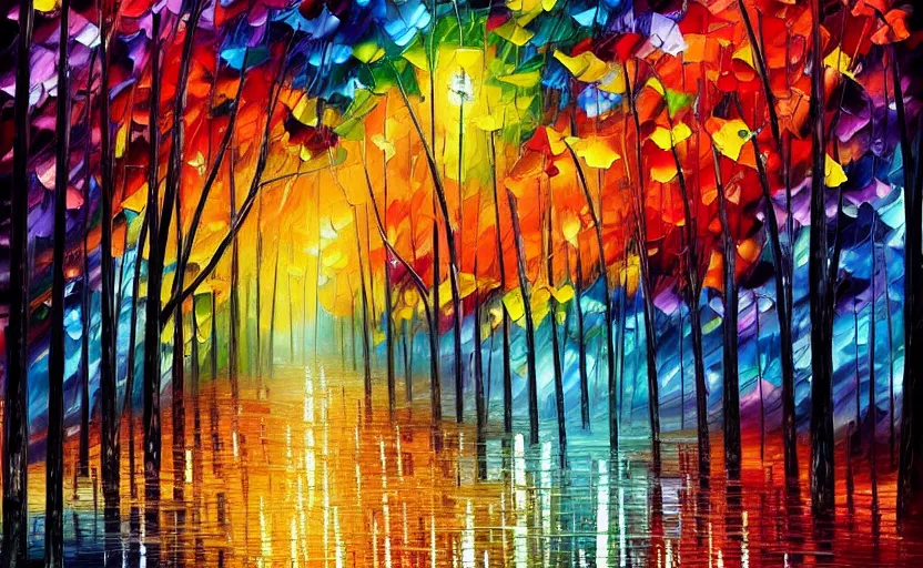 Prompt: psychedelic candy!!!!!!! forest in the rain by leoni afremov, oil painting!!!, intricate details!!!!, fine brush!!!!!!