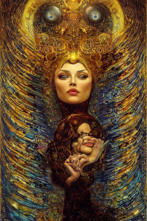 Image similar to Visions of Paradise by Karol Bak, Jean Deville, Gustav Klimt, and Vincent Van Gogh, visionary, otherworldly, celestial, radiant halo, fractal structures, infinite angelic wings, ornate gilded medieval icon, third eye, spirals, heavenly spiraling clouds with godrays, airy colors