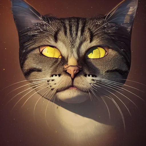 Image similar to a beautiful surreal cat smiling, highly detailed, liquid oil paint, gustave dore, leonardo da vinci, trending on artstation, lucid and intricate, rectilinear, digital art, octane, redshift, vray, 8 k, 6 4 megapixels, zbrush central, behance hd, hypermaximalist, well rendered