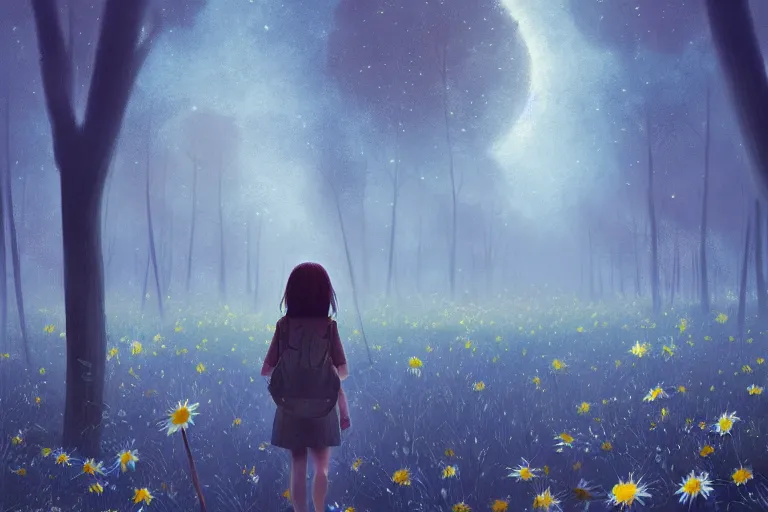 Image similar to giant bunch of daisy flowers head, girl walking in dark forest, surreal photography, dark night, stars, moon light, impressionist painting, clouds, digital painting, artstation, simon stalenhag