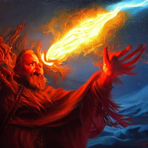 Image similar to Highly detailed oil painting, concept art, of a wizard casting a fireball spell, fighting against a huge ice giant, red and blue color scheme, concept art, highly detailed.