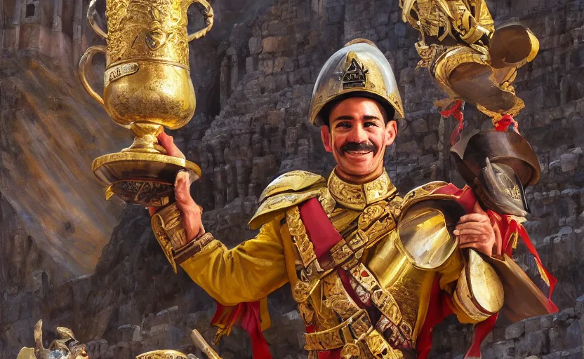 Image similar to smiling spanish conquer soldier holding golden cup on a inca temple, highly detailed, digital painting, artstation, concept art, sharp focus, dreamy illustration, art by katsuhiro otomo, magali villeneuve, artgerm, rutkowski jeremy lipkin and giuseppe dangelico pino and michael garmash and rob rey